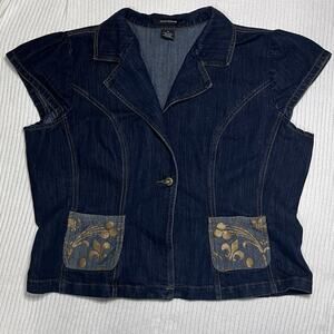 Ashley Stewart Blue Denim Vest Capri Jeans Gold Fleur De Lis Accent Sz 18